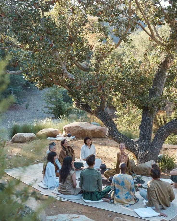 A circle of people sitting together outdoors, in conversation